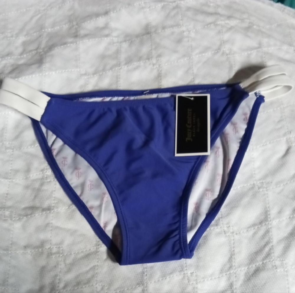 Juicy Couture Woman's White and Blue Bikini Bottom W/ Juicy Printed On Back